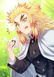 Rule 34 | 1boy, :q, blonde hair, cape, closed mouth, demon slayer uniform, food, forked eyebrows, highres, holding, holding food, kimetsu no yaiba, long hair, male focus, multicolored hair, onigiri, open mouth, orange eyes, red hair, remsor076, rengoku kyoujurou, solo, tongue, tongue out, two-tone hair