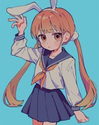 Rule 34 | 1girl, animal ears, arm up, blue background, blue skirt, collarbone, fake animal ears, highres, long hair, long sleeves, looking at viewer, low twintails, neckerchief, orange eyes, orange hair, orange neckerchief, original, pleated skirt, rabbit ears, school uniform, simple background, skirt, solo, twintails, umipi