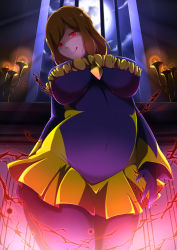Rule 34 | aura, bad end peace, bad end peace (cosplay), bad end precure, black bodysuit, bodysuit, breasts, brown hair, cosplay, dark aura, dark persona, fat, frilled sleeves, frills, highres, kise chiharu, large breasts, latex, latex bodysuit, licking lips, long sleeves, moonlight, precure, puffy long sleeves, puffy sleeves, red eyes, skin tight, skirt, smile precure!, thick thighs, thighs, tongue, tongue out, ura fushigi, yellow skirt