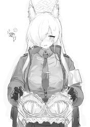 Rule 34 | 1girl, absurdres, anger vein, animal ear fluff, animal ears, armband, blue archive, bra, camera, clenched teeth, collared shirt, gloves, greyscale, hair over one eye, halo, highres, holding, holding bra, holding clothes, holding underwear, jacket, kanna (blue archive), long hair, long sleeves, looking at viewer, monochrome, necktie, notched ear, open clothes, open jacket, sharp teeth, shirt, shirt tucked in, skirt, solo, standing, sweat, teeth, underwear, upper body, yanyo (ogino atsuki)