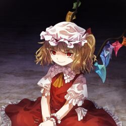 Rule 34 | 1girl, ascot, blonde hair, closed mouth, commentary request, flandre scarlet, flat chest, frilled shirt collar, frilled skirt, frilled sleeves, frilled wrist cuffs, frills, hat, highres, mob cap, one side up, puffy short sleeves, puffy sleeves, red eyes, red skirt, red vest, red wrist cuffs, retrochaossan, shirt, short sleeves, sitting, skirt, smile, solo, touhou, vest, white hat, white shirt, wings, wrist cuffs, yellow ascot