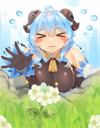 Rule 34 | &gt; &lt;, 1girl, ahoge, bababababan, bell, black gloves, blue hair, blush, breasts, closed eyes, detached sleeves, flower, flying sweatdrops, ganyu (genshin impact), genshin impact, gloves, highres, horns, long hair, medium breasts, neck bell, outdoors, qingxin flower, sidelocks, solo, trembling, upper body, wavy mouth, white flower, white sleeves