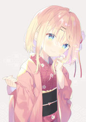Rule 34 | 1girl, blonde hair, blue eyes, blush, closed mouth, commentary request, grey background, hair between eyes, hair bun, hair ornament, hairclip, hand up, japanese clothes, kimono, long sleeves, looking at viewer, mayu (yuizaki kazuya), obi, open clothes, original, pinching sleeves, red kimono, sash, side bun, simple background, single hair bun, single side bun, sleeves past wrists, smile, solo, textless version, wide sleeves, yuizaki kazuya