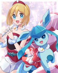 Rule 34 | 1girl, :d, blonde hair, blue eyes, border, bracelet, collar, commentary request, creatures (company), eyelashes, flute, game freak, gen 4 pokemon, glaceon, hair between eyes, hairband, happy, haru (haruxxe), highres, holding, holding instrument, instrument, irida (pokemon), jewelry, md5 mismatch, nintendo, open mouth, pokemon, pokemon (creature), pokemon legends: arceus, red hairband, red shirt, resolution mismatch, sash, shirt, short hair, shorts, smile, source smaller, strapless, strapless shirt, tongue, white border, white shorts