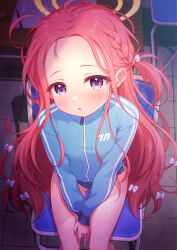 Rule 34 | 1girl, blue archive, blue buruma, blue jacket, blush, bow, braid, buruma, chair, commentary request, feet out of frame, forehead, french braid, gluteal fold, gym uniform, hair bow, halo, highres, jacket, long hair, looking at viewer, multiple hair bows, open mouth, purple eyes, red hair, sitting, solo, track jacket, variant set, wavy hair, white bow, wodaex, yellow halo, yuzu (blue archive)