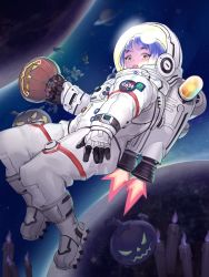Rule 34 | 1girl, absurdres, astronaut, black gloves, blush, boots, candle, candy, food, gloves, halloween bucket, helmet, highres, holding, meme, mirokim (miro85a00), open mouth, original, pepe the frog, planet, pumpkin, short hair, solo, space, space helmet, spacesuit, teeth, upper teeth only