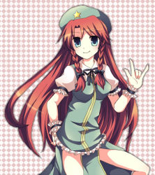 Rule 34 | 1girl, \m/, beret, blue eyes, braid, china dress, chinese clothes, contrapposto, dress, female focus, green dress, hand gesture, hat, hong meiling, long hair, looking at viewer, mikage natsu, puffy short sleeves, puffy sleeves, ribbon, short sleeves, solo, standing, embodiment of scarlet devil, touhou, twin braids, very long hair, wrist cuffs