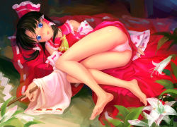 Rule 34 | 1girl, :p, ass, barefoot, black hair, blue eyes, bow, detached sleeves, feet, female focus, flower, gohei, hair bow, hakurei reimu, highres, legs, lily (flower), lying, on side, panties, resolution mismatch, soles, solo, source smaller, toes, tongue, tongue out, touhou, underwear, yu li