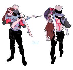 Rule 34 | 1boy, 1girl, artist name, blush, bodysuit, boots, bracer, brown hair, carrying, carrying over shoulder, closed eyes, covered mouth, d.va (overwatch), facepaint, facial mark, full body, gloves, grey hair, jacket, littlemute, long hair, long sleeves, mask, open mouth, overwatch, overwatch 1, pants, plantar flexion, princess carry, ribbed bodysuit, short hair, shoulder carry, shoulder pads, simple background, soldier: 76 (overwatch), thigh boots, thighhighs, turtleneck, visor, whisker markings, white background, white gloves