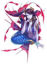 Rule 34 | 1girl, blue eyes, bracelet, breasts, female focus, fingernails, fins, full body, gradient hair, hair censor, hand on own chin, head fins, headpiece, highres, jewelry, large breasts, lilith-soft, long fingernails, looking at viewer, marlene (taimanin asagi), mermaid, monster girl, multicolored hair, nail polish, navel, nude, parted lips, pink nails, purple eyes, purple hair, simple background, sitting, smile, solo, taimanin (series), taimanin asagi, taimanin asagi kessen arena, webbed hands, white background, yuuji (and)