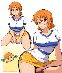 Rule 34 | 1girl, banknote, blush, breasts, brown eyes, closed mouth, dashi (dashiart), highres, large breasts, looking at viewer, money, multiple views, nami (one piece), one piece, orange hair, seiza, shirt, short hair, short sleeves, sitting, skirt, smile, yellow skirt