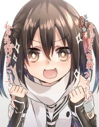 Rule 34 | &gt;:d, 10s, 1girl, :d, bare shoulders, black gloves, brown eyes, brown hair, elbow gloves, fang, fingerless gloves, gloves, hair between eyes, hair ornament, kantai collection, keita (tundereyuina), looking at viewer, open mouth, scarf, school uniform, sendai (kancolle), sendai kai ni (kancolle), serafuku, short hair, smile, solo, sparkle, star-shaped pupils, star (symbol), symbol-shaped pupils, translated, two side up, upper body, v-shaped eyebrows, white scarf