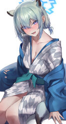 Rule 34 | 1girl, absurdres, animal ears, bath yukata, blue archive, blue halo, blush, breasts, cleavage, collarbone, fingernails, green hair, hair between eyes, halo, highres, japanese clothes, kimono, long sleeves, looking at viewer, medium breasts, monegi, nail polish, obi, official alternate costume, open mouth, purple eyes, purple nails, sash, shigure (blue archive), shigure (hot spring) (blue archive), short hair, simple background, smile, solo, tail, weasel ears, weasel tail, white background, wide sleeves, yukata