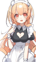 Rule 34 | 1girl, alternate costume, apron, breasts, buran buta, cleavage, cleavage cutout, clothing cutout, compa, dress, female focus, gloves, hairband, happy, highres, long hair, maid, maid headdress, neptune (series), open mouth, orange eyes, orange hair, simple background, solo, uniform, white background