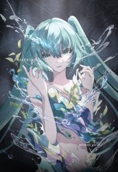 Rule 34 | 1girl, aqua hair, bare arms, collarbone, floating hair, green eyes, grey background, hair between eyes, hatsune miku, highres, liquid clothes, long hair, looking at viewer, midriff, navel, nekota yama, parted lips, solo, stomach, twintails, upper body, very long hair, vocaloid