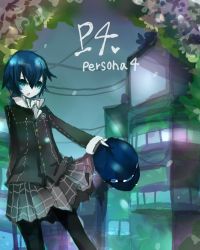Rule 34 | artist request, atlus, bad id, bad pixiv id, blue eyes, blue hair, cabbie hat, hat, lowres, pantyhose, persona, persona 4, school uniform, shirogane naoto, short hair, skirt, solo