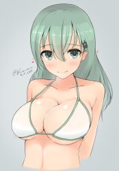 Rule 34 | 10s, 1girl, 2015, bikini, blush, breasts, cleavage, collarbone, dated, drooling, green eyes, green hair, hair between eyes, heart, heart-shaped pupils, kantai collection, kuavera, large breasts, matching hair/eyes, simple background, solo, suzuya (kancolle), swimsuit, symbol-shaped pupils, twitter username, underboob, upper body, white bikini