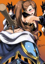 Rule 34 | 10s, 1girl, against wall, artist name, ass, asymmetrical bangs, beatrix (granblue fantasy), black bra, black gloves, blue panties, blush, bra, breasts, brown hair, butt crack, dated, detached collar, detached sleeves, frilled bra, frills, from behind, full-face blush, glaring, gloves, granblue fantasy, green eyes, halloween costume, large breasts, long hair, looking back, open mouth, orange background, panties, panty tug, ponytail, shadow, solo focus, striped bra, striped clothes, sweat, sweatdrop, tooya daisuke, underwear, vertical-striped bra, vertical-striped clothes, wedgie