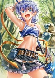 Rule 34 | 1girl, absurdres, blue eyes, blue hair, blush, crop top, farina (fire emblem), fire emblem, fire emblem: the blazing blade, highres, huge filesize, lance, looking at viewer, midriff, navel, polearm, pouch, short hair, skirt, smile, spear, thighs, weapon