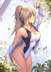 Rule 34 | 1girl, ;), absurdres, arm behind back, arm up, back cutout, bad id, bad pixiv id, blonde hair, blue eyes, blush, breasts, cleavage, clothing cutout, commentary, competition swimsuit, dated, fate/grand order, fate (series), highleg, highleg swimsuit, highres, hood, hooded jacket, jacket, jeanne d&#039;arc (fate), jeanne d&#039;arc (ruler) (fate), jeanne d&#039;arc (swimsuit archer) (fate), jeanne d&#039;arc (swimsuit archer) (second ascension) (fate), jinlin, large breasts, leaf, legs, one-piece swimsuit, one eye closed, plant, ponytail, signature, smile, solo, swimsuit, white jacket, white one-piece swimsuit