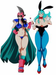 Rule 34 | 2girls, black eyes, black hair, black leotard, bow, bowtie, breasts, bulma, cape, chi-chi (dragon ball), cleavage, dragon ball, dragonball z, earrings, gloves, highleg, highleg leotard, highres, huge breasts, jewelry, large breasts, leotard, lips, long hair, looking at viewer, multiple girls, nala1588, navel, one eye closed, pink footwear, pink gloves, playboy bunny, rabbit ears, red bow, red bowtie, red footwear, simple background, tagme, thick thighs, thighs, walking, white background, wide hips