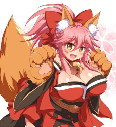 Rule 34 | 1girl, afuro, animal ear fluff, animal ears, animal hands, bare shoulders, bell, blush, breasts, collar, fangs, fate/grand order, fate (series), floral background, fox ears, fox tail, gloves, hair ribbon, japanese clothes, jingle bell, large breasts, long hair, looking at viewer, neck bell, paw gloves, pink hair, ponytail, red ribbon, ribbon, solo, tail, tamamo (fate), tamamo cat (fate), tamamo cat (first ascension) (fate)