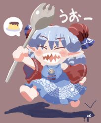 Rule 34 | 1girl, bare shoulders, barefoot, blue dress, blush stickers, brown background, chibi, closed eyes, commentary request, dress, food, fork, full body, giant fork, grey hair, happy, highres, holding, holding fork, horn ornament, horn ribbon, horns, long sleeves, no lineart, open mouth, pointy ears, pudding, ribbon, rokugou daisuke, shadow, sharp teeth, simple background, solo, spoken food, teeth, touhou, toutetsu yuuma, wide sleeves