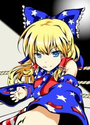 Rule 34 | 1girl, :q, alternate color, alternate hair color, american miko, bad id, bad pixiv id, blonde hair, blue eyes, bow, boxing ring, detached sleeves, hair bow, hakurei reimu, kamiya ueshi, long hair, looking at viewer, smile, solo, tongue, tongue out, touhou, united states