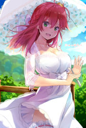 Rule 34 | 1girl, ahoge, alternate costume, blurry, blurry background, blush, braid, breasts, bridal garter, cleavage, cloud, cloudy sky, commentary request, dress, forest, french braid, green eyes, hair between eyes, hair ornament, hairclip, highres, holding, holding umbrella, hololive, large breasts, long hair, looking at viewer, nature, nira (vira), open mouth, outdoors, parasol, pink hair, sakura miko, see-through, see-through sleeves, short sleeves, sidelocks, sky, smile, solo, umbrella, virtual youtuber, waving, white dress