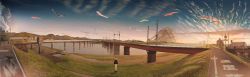 Rule 34 | 1boy, absurdres, ambiguous gender, banishment, blue sky, bridge, cloud, commentary request, day, grass, highres, koinobori, original, outdoors, panorama, people, power lines, railroad crossing, railroad tracks, river, road, road sign, ruins, scenery, sign, sky, standing, street, summer, sunset, transmission tower, windsock