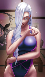 Rule 34 | 1girl, black eyes, braid, braided bangs, braided ponytail, breasts, closed mouth, dress, grey hair, hair over one eye, highres, jujutsu kaisen, large breasts, long hair, long sleeves, mei mei (jujutsu kaisen), muscular arms, nail polish, purple dress, purple nails, red lips, sitting, skin tight, skindentation, solo, thick thighs, thighs, tight clothes, tight dress, twin braids