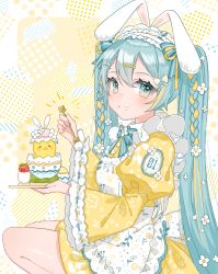 Rule 34 | absurdres, animal ears, apron, blue eyes, blue skirt, braid, dress, egg, food, food on face, fork, hair ornament, hair ribbon, hatsune miku, highres, holding, holding fork, lace trim, looking at viewer, maid, maid apron, maid headdress, rabbit ears, re eva, ribbon, skirt, squatting, twin braids, twintails, vocaloid, yellow dress