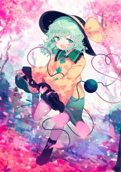 Rule 34 | 1girl, black footwear, black headwear, boots, buttons, cherry blossoms, commentary request, diamond button, eyeball, fang, frilled sleeves, frills, green eyes, green hair, green skirt, hat, heart, heart of string, highres, holding, komeiji koishi, long sleeves, medium hair, open mouth, outdoors, petals, ribbon, shirt, skin fang, skirt, skirt basket, sleeves past wrists, standing, standing on one leg, sun hat, third eye, toroid (621997), touhou, wavy hair, wide sleeves, yellow ribbon, yellow shirt