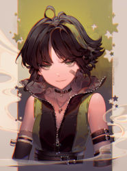 Rule 34 | 1girl, bare shoulders, black choker, black hair, breasts, brown eyes, brown hair, buttercup (ppg), choker, collarbone, commentary request, jewelry, kawacy, looking at viewer, multicolored hair, necklace, parted lips, powerpuff girls, powerpuff girls z, short hair, small breasts, solo, teeth, two-tone hair, upper body, zipper