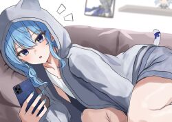 Rule 34 | 1girl, absurdres, blue hair, c1p122, couch, highres, hololive, hood, hoodie, hoshimachi suisei, lying, phone, solo, virtual youtuber