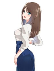 Rule 34 | 1girl, :d, arm at side, ass, blue eyes, blue skirt, blush, breasts, brown hair, from behind, hand on own hip, highres, lips, long hair, long skirt, long sleeves, looking at viewer, looking back, medium breasts, nezuko, open mouth, original, round teeth, shirt, shirt tucked in, simple background, skirt, smile, solo, straight hair, teeth, white background, white shirt