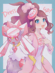 Rule 34 | 1girl, :d, absurdres, aqua eyes, border, brown hair, collarbone, commentary request, creatures (company), diancie, dress, eyelashes, game freak, gen 6 pokemon, hand up, hat, highres, hilda (pokemon), hilda (special costume) (pokemon), hime (himetya105), legendary pokemon, long hair, looking at viewer, mini hat, mythical pokemon, nintendo, official alternate costume, open mouth, outside border, pink dress, pink hat, pokemon, pokemon (creature), pokemon masters ex, sidelocks, smile, star (symbol), white background