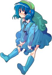 Rule 34 | 1girl, alphes (style), backpack, bad id, bad pixiv id, bag, blue eyes, blue hair, blush, boots, breasts, dairi, female focus, full body, hair bobbles, hair ornament, hat, kawashiro nitori, key, long sleeves, looking at viewer, matching hair/eyes, medium breasts, parody, pocket, rubber boots, short hair, skirt, solo, style parody, touhou, transparent background, twintails, two side up