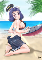 Rule 34 | 1girl, akashieru, artist logo, ass, barefoot, beach, bikini, black bikini, black sarong, blue sky, butt crack, cloud, day, dimples of venus, from behind, glaive (polearm), hair between eyes, halo, highres, horizon, kantai collection, looking at viewer, mechanical halo, ocean, official alternate costume, one-hour drawing challenge, outdoors, polearm, purple eyes, purple hair, sarong, short hair, sky, smile, solo, swimsuit, tatsuta (kancolle)