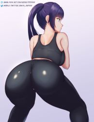 Rule 34 | 1girl, ass, backboob, bare shoulders, blue eyes, breasts, exercising, from behind, genshin impact, highres, huge ass, large breasts, long hair, looking away, mona (genshin impact), nsfw oa, pants, ponytail, purple hair, shiny clothes, shiny skin, sideboob, solo, squatting, sweatpants