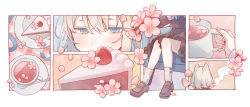Rule 34 | 1girl, armchair, black dress, blue eyes, blue ribbon, blush, border, cake, cake slice, chair, cherry blossoms, collage, cup, dress, falling petals, food, fruit, grey hair, grey socks, half-closed eyes, holding, holding cup, indie virtual youtuber, light particles, loafers, long sleeves, mug, multiple views, on chair, outside border, petals, petals on liquid, ribbon, sayonaka (vtuber), sayonaka megumo, shoes, short dress, sitting, sleeve cuffs, socks, steam, strawberry, tablecloth, unworn ribbon, virtual youtuber, white border