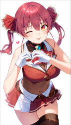 Rule 34 | 1girl, absurdres, belt, blush, breasts, bshi edayo, crop top, gloves, heart, heart hands, highres, hololive, houshou marine, houshou marine (1st costume), jewelry, large breasts, looking at viewer, navel, one eye closed, red eyes, red hair, red shirt, red skirt, shirt, skirt, smile, solo, stomach, tongue, tongue out, twintails, virtual youtuber, white gloves