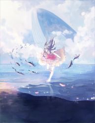 Rule 34 | 1girl, afloat, animal, bare arms, black hair, blurry, cloud, cloudy sky, day, depth of field, dress, fish, floating hair, flying fish, hair over eyes, left mouse, long hair, ocean, original, outdoors, petals, pink shirt, reflection, ripples, scenery, shirt, shoes, unworn shoes, single shoe, sky, sleeveless, sleeveless dress, solo, sparkle, striped, walking, walking on liquid, whale