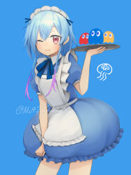 Rule 34 | 1boy, alternate costume, apron, arknights, artist name, blinky (pac-man), blue background, blue dress, blue hair, blue ribbon, closed mouth, clyde (pac-man), commentary request, crossdressing, dress, enmaided, frilled apron, frills, ghost, gradient hair, hair between eyes, highres, holding, holding tray, inky (pac-man), looking at viewer, maid, maid apron, mizuki (arknights), moribe denkou, multicolored hair, neck ribbon, one eye closed, pac-man (game), pink eyes, puffy short sleeves, puffy sleeves, purple hair, ribbon, short hair, short hair with long locks, short sleeves, sidelocks, signature, simple background, smile, solo, tray, twitter username, two-tone hair, white apron