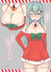 Rule 34 | 10s, 1girl, :&gt;, aqua hair, between breasts, blue eyes, blush, bow, bow panties, breasts, christmas, cleavage, commentary, condom, condom in mouth, cowboy shot, dated, detached collar, detached sleeves, fur-trimmed sleeves, fur trim, grey background, hand on own hip, heart, heart-shaped pupils, highres, kantai collection, kuavera, large breasts, mouth hold, nose blush, one eye closed, panties, panty pull, pink panties, pussy juice, santa costume, solo, suzuya (kancolle), symbol-shaped pupils, text focus, translated, twitter username, underwear