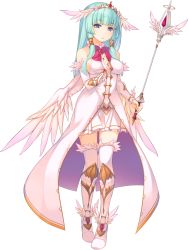 Rule 34 | 1girl, amazuyu tatsuki, angel wings, aquaplus, bare shoulders, blue eyes, blue hair, blunt bangs, boots, bow, breasts, bridal gauntlets, dress, dungeon travelers 2, elbow gloves, eyebrows, fiora marsh, full body, gloves, green hair, hair ornament, head wings, highres, holding, light blue hair, long hair, looking at viewer, official art, pleated skirt, short dress, sideboob, sidelocks, skirt, solo, staff, standing, sumaki shungo, thighhighs, transparent background, wand, white thighhighs, wings, zettai ryouiki