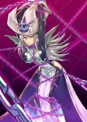 Rule 34 | 1girl, armpits, arms up, bad id, bad pixiv id, blush, bodysuit, bound, bound legs, bound wrists, breasts, chain, duel monster, fiendish chain, frown, hat, highres, hip vent, large breasts, leaning forward, long hair, looking at viewer, maeda satoru, red eyes, restrained, silent magician, silver hair, solo, sweat, tabard, tied up (nonsexual), wizard hat, yu-gi-oh!