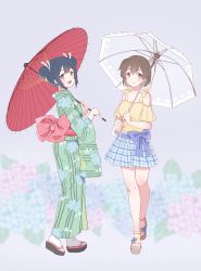 Rule 34 | 2girls, :d, alternate costume, alternate hairstyle, bare shoulders, blue eyes, blue hair, blue skirt, breasts, brown eyes, brown hair, cleavage, double bun, emia wang, flower, from side, geta, green kimono, hair ribbon, highres, hiryuu (kancolle), holding, holding umbrella, hydrangea, japanese clothes, kantai collection, kimono, large breasts, looking at viewer, multiple girls, obi, oil-paper umbrella, one side up, open mouth, plaid, plaid skirt, ribbon, sandals, sash, short hair, skirt, smile, socks, souryuu (kancolle), umbrella, white legwear, white ribbon
