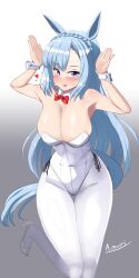 Rule 34 | 1girl, a.nori, absurdres, animal ears, blue hair, bow, bowtie, braid, commentary request, crown braid, detached collar, ear ornament, ear ribbon, feet out of frame, gradient background, highres, horse ears, horse girl, horse tail, leotard, long hair, mejiro ardan (umamusume), nontraditional playboy bunny, pantyhose, purple eyes, rabbit pose, red bow, red bowtie, simple background, solo, tail, umamusume, white background, white leotard, white pantyhose, wrist cuffs