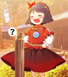 Rule 34 | ?, aged down, bird, blush, clenched hands, grass, hair ornament, hands on own hips, highres, layered sleeves, leaf hair ornament, long sleeves, mirror, open mouth, puffy short sleeves, puffy sleeves, purple hair, red shirt, red skirt, rope, shimenawa, shirt, short hair, short over long sleeves, short sleeves, shrine, skirt, sparrow, tatuhiro, touhou, tree, yasaka kanako
